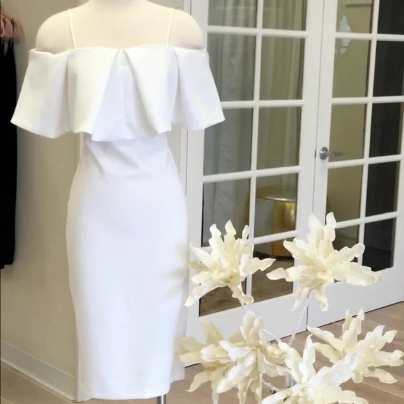 off shoulder white bodycon midi dress Amelia Cascading Ruffle White Bodycon Midi Dress main image 0
